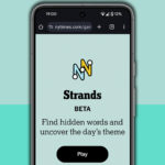 NYT Strands homescreen on a mobile phone screen, on a light blue background