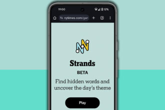 NYT Strands homescreen on a mobile phone screen, on a light blue background