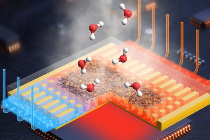Illustration of a fiber membrane removing heat from an electronic chip through evaporation