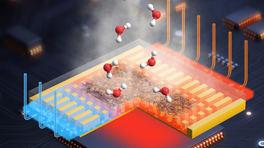 Illustration of a fiber membrane removing heat from an electronic chip through evaporation