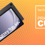 The Samsung Galaxy Tab A9 Plus on an orange background