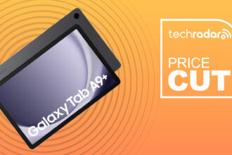 The Samsung Galaxy Tab A9 Plus on an orange background