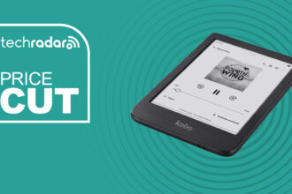 A Kobo Clara BW on a green background with a price-cut TechRadar deals logo