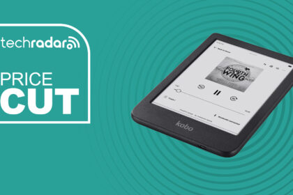 A Kobo Clara BW on a green background with a price-cut TechRadar deals logo