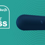 Beats Pill Waterproof Built-in Microphone Wireless Bluetooth Portable Speaker in navy blue on cyan background with TechRadar don't miss sign