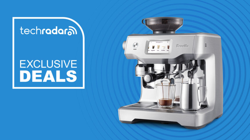 Breville the Oracle Touch coffee machine on a blue background with &quot;Exclusive Deals&quot; text in white.