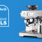 Breville the Oracle Touch coffee machine on a blue background with &quot;Exclusive Deals&quot; text in white.