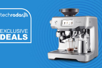 Breville the Oracle Touch coffee machine on a blue background with &quot;Exclusive Deals&quot; text in white.