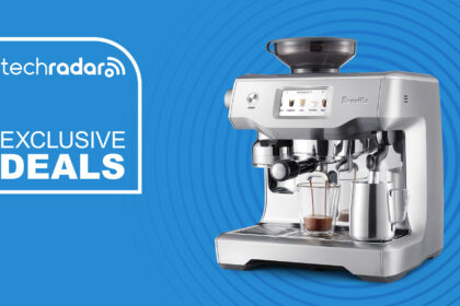 Breville the Oracle Touch coffee machine on a blue background with &quot;Exclusive Deals&quot; text in white.