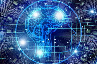 A profile of a human brain against a digital background.