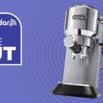 De'Longhi Dedica Style coffee maker on purple background with white text reading 'TechRadar price cut'