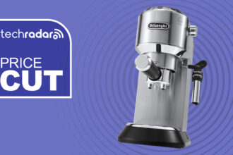 De'Longhi Dedica Style coffee maker on purple background with white text reading 'TechRadar price cut'