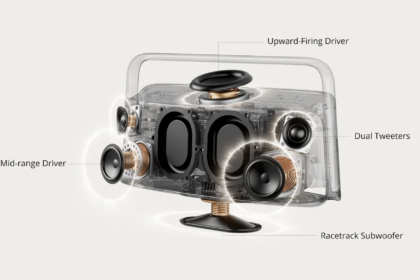 An exploded view of the Tronsmart Fiitune X30 speaker showing its tweeters and mid/bass drivers