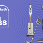 Shark, Dyson and Roborock cordless vacuum cleaners on a purple background with a TechRadar deals logo