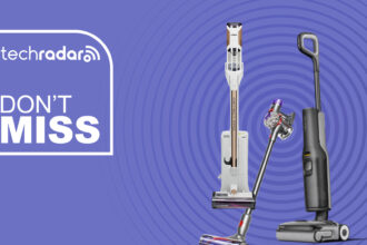 Shark, Dyson and Roborock cordless vacuum cleaners on a purple background with a TechRadar deals logo
