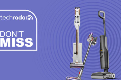 Shark, Dyson and Roborock cordless vacuum cleaners on a purple background with a TechRadar deals logo