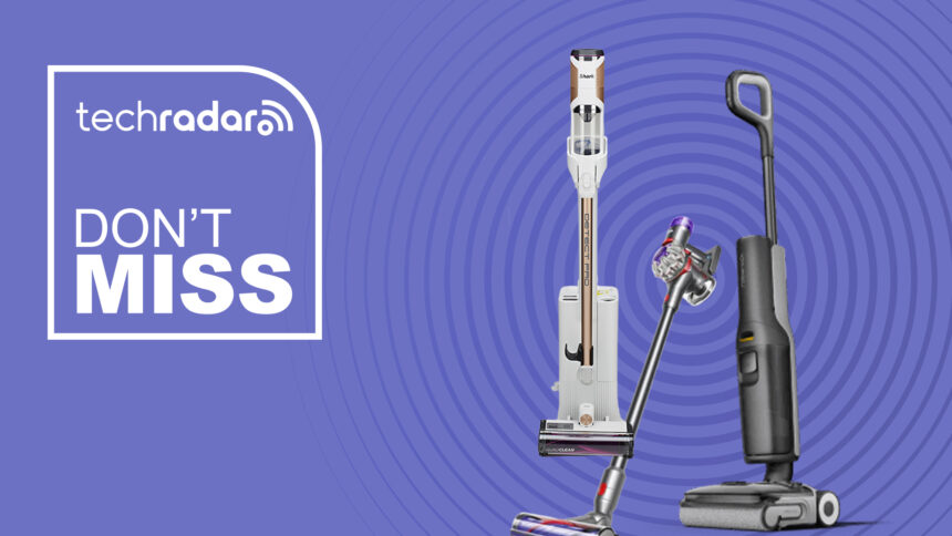 Shark, Dyson and Roborock cordless vacuum cleaners on a purple background with a TechRadar deals logo