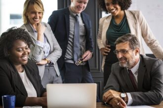 A group of people video conferencing.