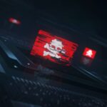 Pirate skull cyber attack digital technology flag cyber on on computer CPU in background. Darknet and cybercrime banner cyberattack and espionage concept illustration.