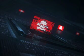 Pirate skull cyber attack digital technology flag cyber on on computer CPU in background. Darknet and cybercrime banner cyberattack and espionage concept illustration.