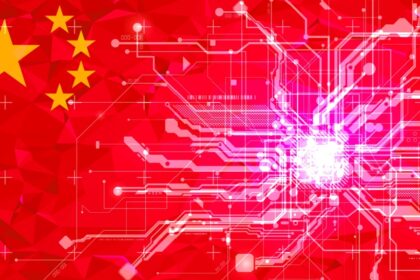 Flag of the People's Republic of China overlaid with a technological network of wires and circuits.