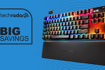 SteelSeries Apex Pro TKL Gen 2 (2023) on blue background with text in top-left corner reading 'techradar Big Savings'