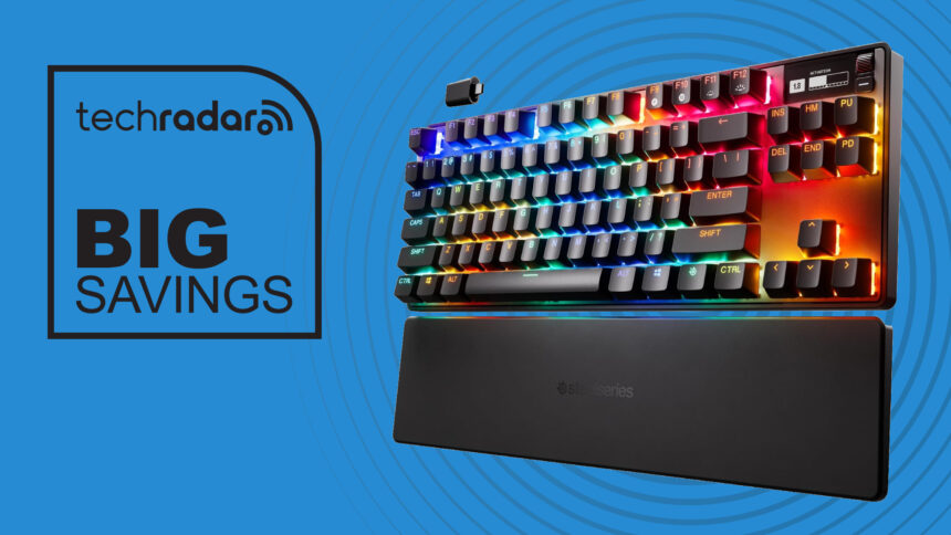 SteelSeries Apex Pro TKL Gen 2 (2023) on blue background with text in top-left corner reading 'techradar Big Savings'