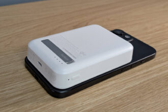 Belkin Boostcharge Pro 15W qi2 power bank sitting on an iPhone 15