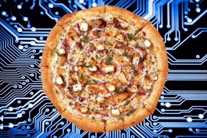 Dodo Pizza's ChatGPT &quot;Chicken Shawarma AI- generated pizza&quot; on a computer chip background