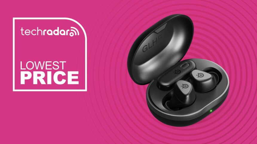 The SteelSeries Arctis GameBuds on a magenta background with white lowest price text