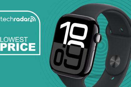An Apple Watch Series 10 on a cyan background