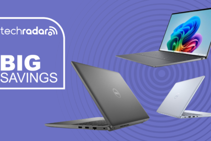 Three Dell laptops on a purple background next to a TechRadar badge that reads 'Big Savings'