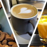 Coffee beans in hopper, latte with heart in gray ceramic cup, and espresso pouring into glass cup