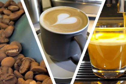 Coffee beans in hopper, latte with heart in gray ceramic cup, and espresso pouring into glass cup
