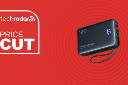 Iniu Pocket Power power bank with attached USB-C cord on a red TechRadar Price Cut banner