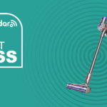 Dyson V8 on a teal background next to a 'Don't Miss' label