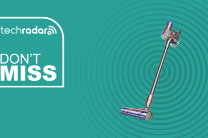 Dyson V8 on a teal background next to a 'Don't Miss' label