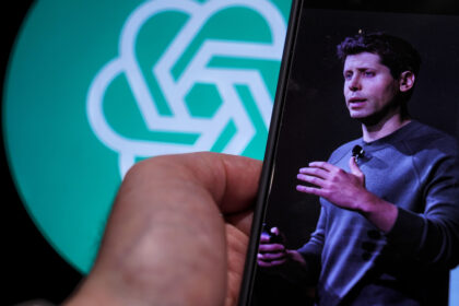Sam Altman and ChatGPT logo.
