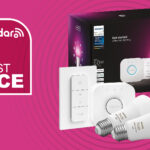 Philips Hue starter kit on pink background with white text 'TechRadar Lowest Price'
