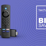Amazon Fire TV Stick Lite on purple background with TechRadar big savings sign