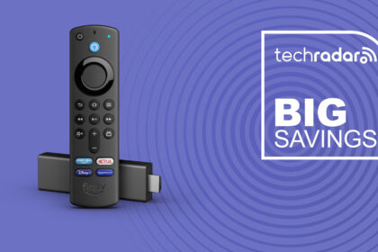 Amazon Fire TV Stick Lite on purple background with TechRadar big savings sign