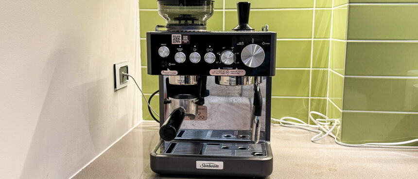 Sunbeam Origins Sense espresso machine on a kitchen counter
