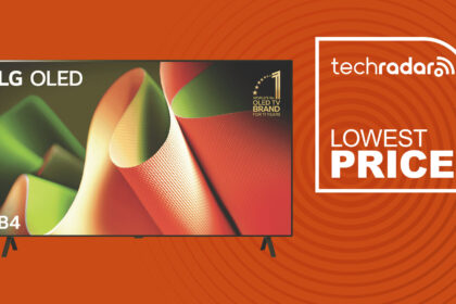 LG 55-Inch Class OLED B4 Series Smart TV 4K Processor Flat Screen with Magic Remote AI-Powered with Alexa Built-in on orange background with lowest price TechRadar icon