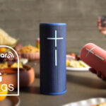 UE Megaboom 4 speakers in blue and pink being used at a picnic table.