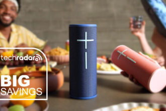UE Megaboom 4 speakers in blue and pink being used at a picnic table.