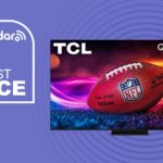 TCL QM7K on purple with lowest price logo