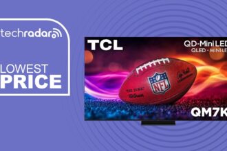 TCL QM7K on purple with lowest price logo