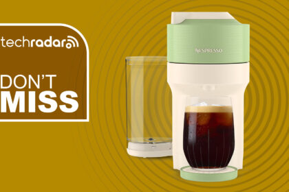 Nespresso Vertuo Pop+ coffee maker on gold background with white text reading 'TechRadar don't miss'