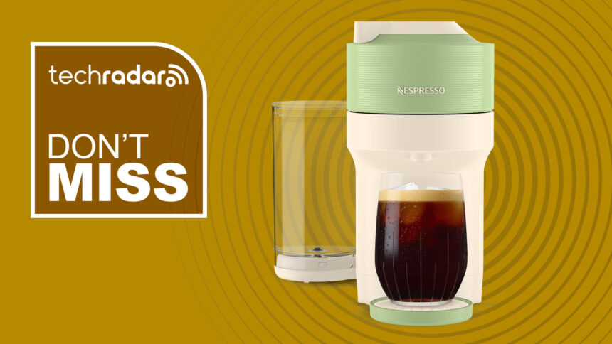 Nespresso Vertuo Pop+ coffee maker on gold background with white text reading 'TechRadar don't miss'