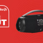 JBL Boombox 3 Portable Bluetooth Speaker on red background with TechRadar price cut sign